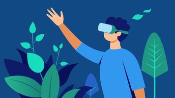 Virtual Jungle Scene A virtual reality landscape depicting a lush jungle where a patient is reaching out to touch virtual leaves and branches as part of their therapy exercise.. vector