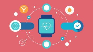 Wearable Health Sensor A wristband with sensors collecting biometric data surrounded by icons representing heart rate sleep quality and activity levels.. vector