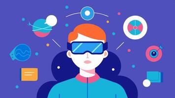 Virtual Reality Glasses A person wearing virtual reality glasses with digital elements flying around them showcasing immersive experiences for cognitive improvement.. vector