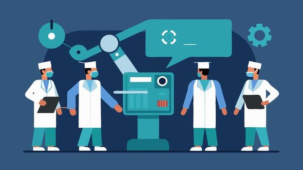 Team Briefing A surgical team surrounding a digital display that presents patient data and surgical plans with a robotic arm ready to assist during the upcoming operation.. vector