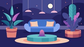 Wellness Lounge A serene wellness area with cozy seating large potted plants a water feature and ambient lighting creating a peaceful atmosphere for relaxation.. vector