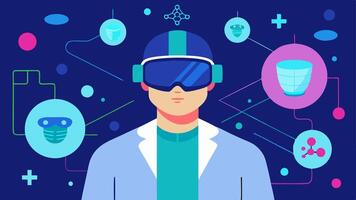 Virtual Reality Session A patient wearing a VR headset in a specialized room experiencing an immersive simulation of how gene therapy will help fight off diseases surrounded by. vector