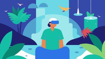 Waterfall Oasis A patient with a VR headset in a hospital room surrounded by floating images of a cascading waterfall tropical plants and exotic birds to evoke a peaceful. vector