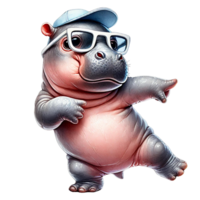 Playful hippo in sunglasses and cap, striking a fun pose png