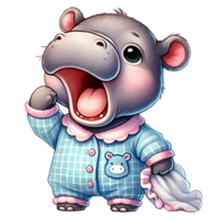 Cute baby hippo in pajamas yawning png