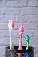 Vibrant and Colorful Toothbrushes neatly arranged in a Holder Against a Brick Background photo