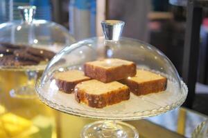 Delicious Brownies Placed Neatly Under a Beautiful Glass Display Case for Enjoyment photo