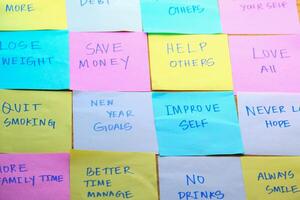 Creating Motivational Goals and Resolutions Written on Sticky Notes for Daily Inspiration photo