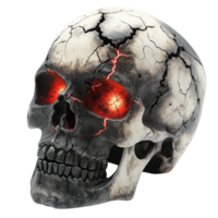Ancient skull with sinister red light shining through cracks isolated png
