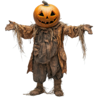 Spooky scarecrow with a pumpkin head and weathered clothes png