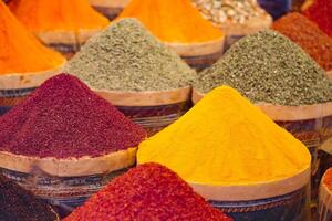 Experience the Vibrant Spices Displayed in Colorful Baskets at the Local Market Today photo