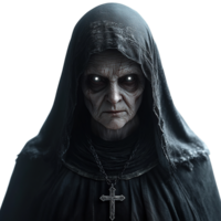 Terrifying figure of a haunted nun with glowing crimson gaze isolated png