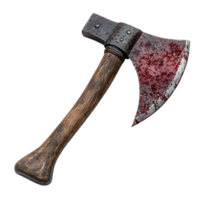 Rustic wood handle axe with red stains isolated png