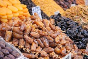 A Colorful and Attractive Variety of Dried Fruits and Dates Artistically Arranged in Market Display photo