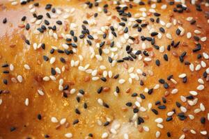 Detailed CloseUp of a Sesame Seed Topped Bread Bun Showcasing Its Unique Texture and Color photo