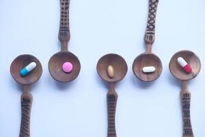 A vibrant and visually appealing arrangement of colorful pills placed in wooden spoons photo
