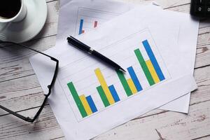 Comprehensive Business Analytics Reports Featuring Informative Charts and a Cup of Coffee photo