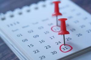 Key Calendar Highlights Featuring Red Push Pins to Mark Important Dates and Deadlines photo