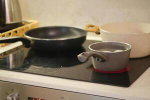A Beautiful Cookware Collection Displayed on an Induction Stove in a Modern Kitchen Space photo