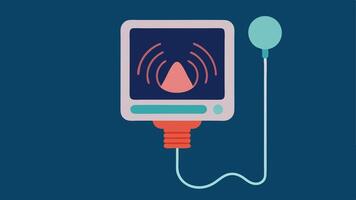 Portable Ultrasound Device A handheld ultrasound machine displaying an anatomical image on its screen with sound waves visually emanating from the probe towards the body.. vector