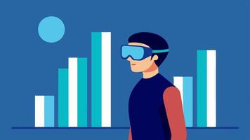 User with AR Glasses A person wearing sleek augmented reality glasses while standing in a welllit room looking at large floating bar graphs illustrating their daily calorie intake.. vector