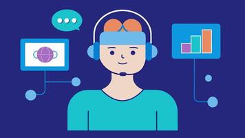 Remote Support Connection An illustration depicting a person remotely connected to a mental health professional via call with the EEG headset capturing and sharing brain. vector