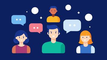 Virtual Support Group The user is depicted in a virtual group setting with friends or community members represented as avatars sharing tips and encouragement with glowing speech. vector