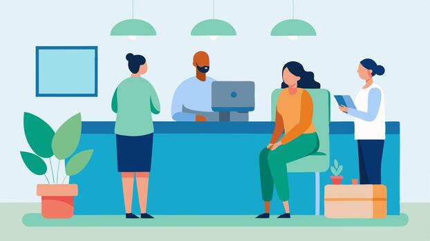 Reception Area A clean and organized reception desk with a friendly receptionist and patients sitting in comfortable chairs surrounded by greenery and calming decor.. vector