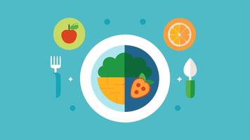 Smart Plate An illustration of a plate filled with a balanced meal with icons representing different food groups fruits vegetables proteins and a glowing AI brain symbol above it.. vector