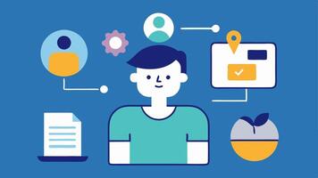 User Profile Settings A person using the device to set personal profile information with icons for age weight and hydration goals.. vector