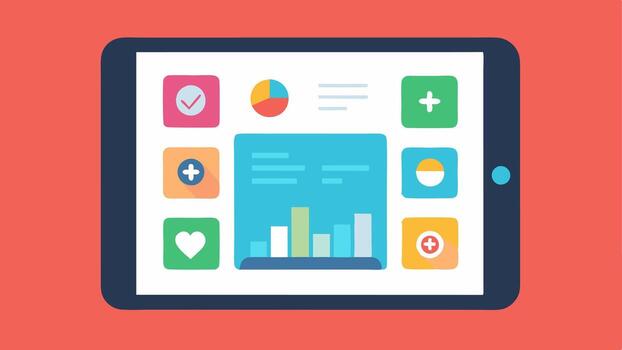 tableta con salud aplicación interfaz un pulcro tableta mostrando un vistoso salud aplicación interfaz exhibiendo personalizado bienestar recomendaciones recordatorios y interactivo gráficos.. vector