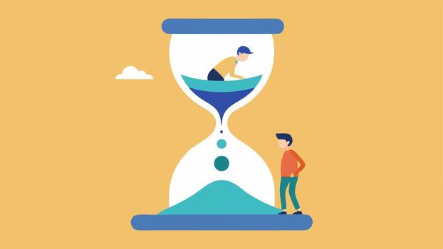 Time Rewind An hourglass with the sand flowing upwards with images of a young person on the top and an older person on the bottom.. vector