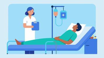 PostTreatment Care A patient in a recovery room resting comfortably while a nurse checks their vital signs depicted in a calm and serene environment.. vector