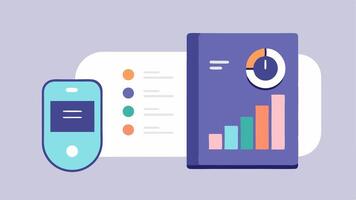 Sleep Quality Overview A flat lay view of the sleep tracker device beside a sleep journal with both showing data points like total sleep hours and quality scores.. vector