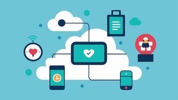Realtime Monitoring Devices icons of wearable health monitoring devices like smarches connected to a cloudbased AI system providing continuous diagnostics.. vector