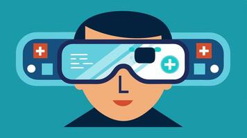 Smart Glasses Displaying Health Information A pair of smart glasses worn by an individual with augmented reality overlay showing health tips and notifications in their field of. vector