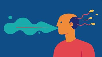 Stress Reduction An illustration of a person exhaling with visual stress lines dissipating into air symbolizing the reduction of tension through the use of a brainwave device.. vector