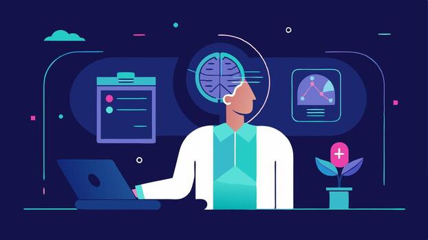 These descriptions provide a comprehensive visual narrative for the concept of a virtual MRI results consultation in a futuristic setting.. vector