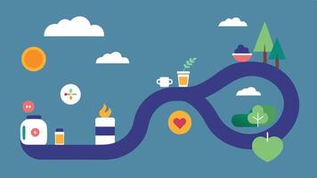 Wellness Journey A winding path with milestones representing balanced meals hydration and exercise emphasizing the holistic approach to health guided by AI.. vector