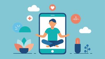 Stress Relief Suggestions An illustration of a mobile device showing a selection of stress relief activities like deep breathing and stretching exercises highlighted with calming. vector