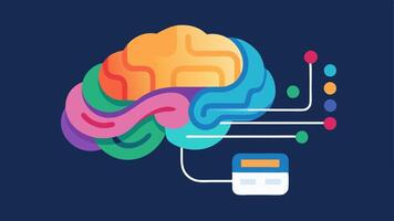 Thought Activation A closeup of a human brain with colorful waves emanating from it connecting to a holographic screen that showcases virtual controls such as sliders and buttons.. vector