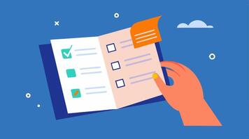 User Guide A hand flipping through a userfriendly instruction manual that simplifies the testing process with visuals outlining steps.. vector