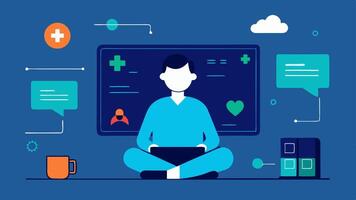 Telemedicine Consultation A patient sitting in front of a large screen with a virtual doctor surrounded by data flowing through the air that shows vital signs and health metrics in. vector