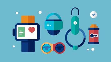 Wearable Devices A collection of various wearable health devices like fitness trackers smart rings and smart glasses set against a minimalistic background.. vector