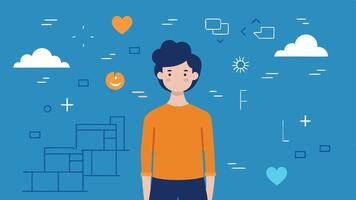 Positivity Wall An illustration of a person standing in front of a wall filled with positive affirmations and motivational quotes feeling inspired and ready for the day ahead.. vector
