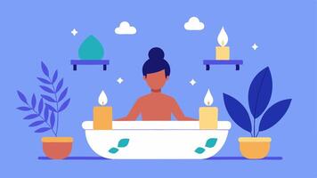 Stress Relief An illustration of a person enjoying a relaxing bath with candles and plants representing practices for managing stress and selfcare.. vector