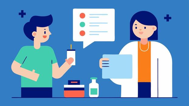 Vaccination Guidance The doctor discussing vaccination options with the patient showing a chart of vaccines while the patient appears inquisitive and engaged.. vector