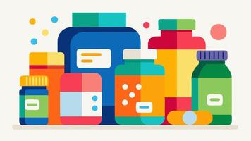 Supplements and Vitamins A variety of colorful vitamin bottles and supplement packs arranged artistically showcasing the importance of nutrition in health optimization.. vector