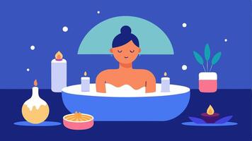 Rejuvenating Bath An individual enjoying a warm bath surrounded by candles and bath salts indicating selfcare and relaxation after the cold treatment.. vector