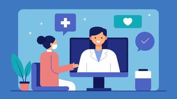 Telemedicine Consultation A doctor conducting a telemedicine consultation via a large screen in the lab providing remote wellness advice to patients.. vector